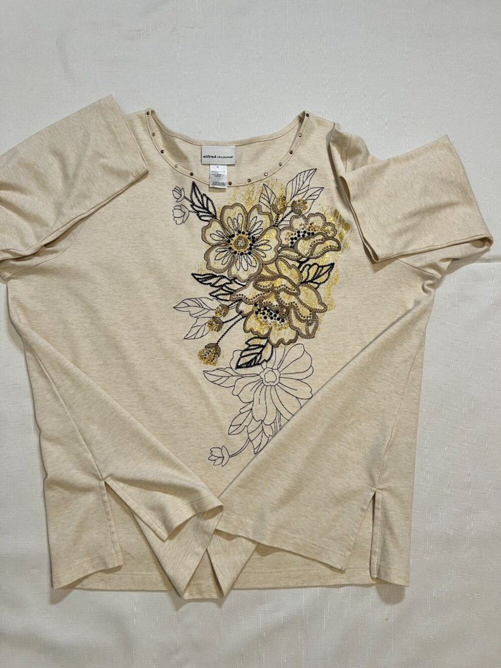 Alfred Dunner Cream Floral Embroidered Rhinestone 3/4 Sleeve Tunic Top XL - Picture 10 of 12